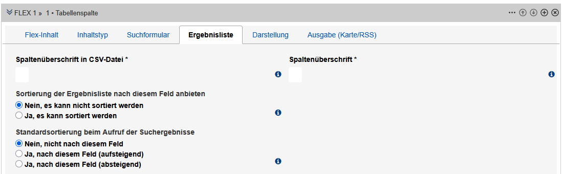 Bearbeitungsansicht des Reiters "Ergebnisliste" des Tabellenspalten-Moduls mit den im Text beschriebenen Feldern.