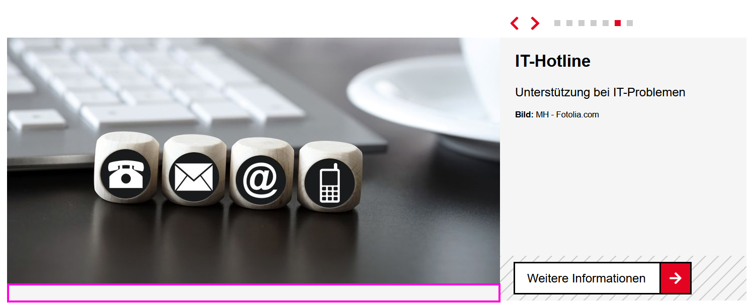 Im Bildschirmausschnitt ist unter dem Bühnen-Teaser-Bild ein graues Feld mit pinkem Rahmen markiert. Der Button "Weitere Informationen" ist zu weit unten.