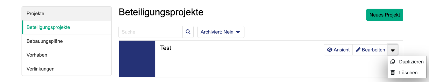 Funktionen der Projektlisten-Seite im Überblick