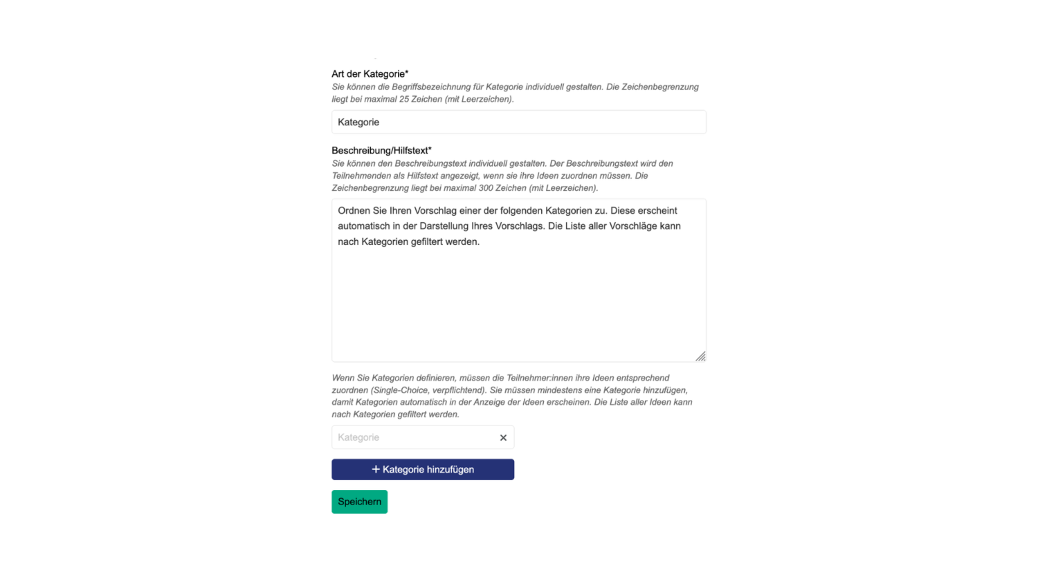 Ansicht der Kategorien Funktion im Ideen Modul