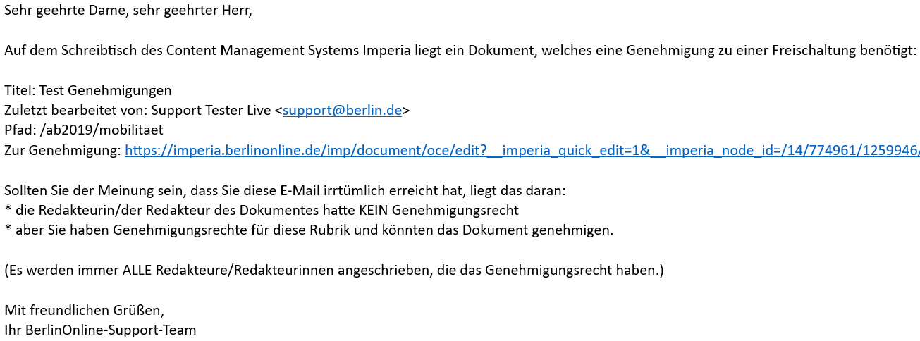 Die E-Mail enthält den Titel, zuletzt bearbeitet von, den Pfad und die URL zur Genehmigung der Seite. Einige Hinweise für die Redakteur*innen mit Genehmigungsrechten sind ebenfalls enthalten.