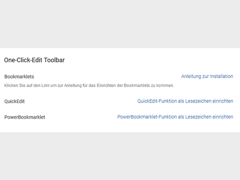 Darstellung zeigt den Abschnitt für die Bookmarklets im Profil mit einem Link zu dieser Anleitung und den Links, um die Bookmarklets als Lesezeichen einzurichten.