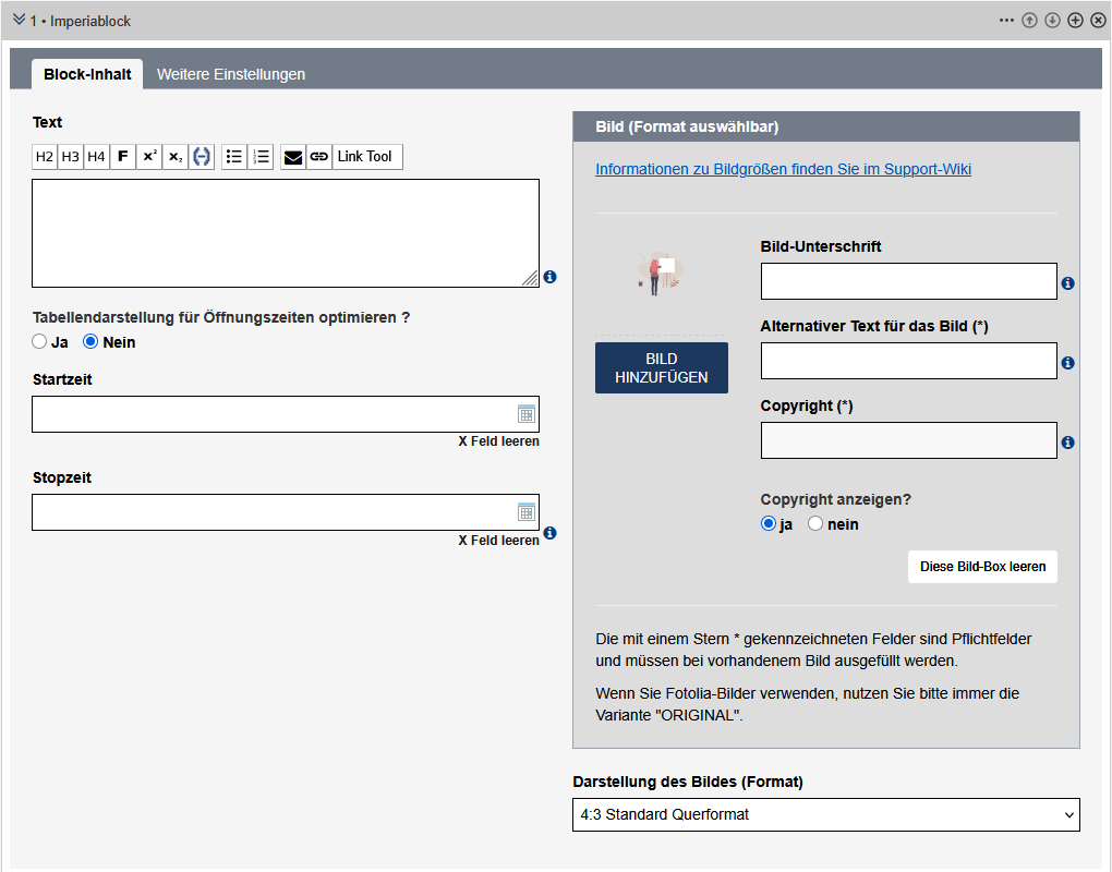 Einrichtungsformular für einen Block im Modul Text/Bild -Multi, die Felder sind im Text beschrieben.