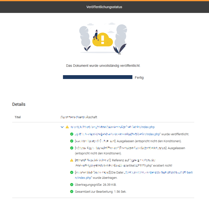 Detailansicht bei der Veröffentlichung einer Seite mit einem Referenzfehler. Weitere Angaben im Text.
