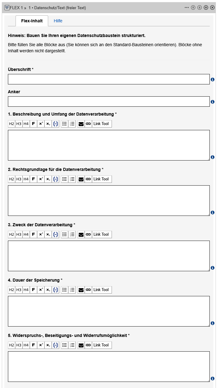 Editierformular für freien Text in der Datenschutzerklärung - die Formularfelder sind nicht ausgefüllt.