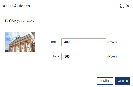 Das Bild in klein ist links zu sehen, rechts daneben befinden sich die Felder "Breite" und "Höhe", unten rechts befinden sich die Buttons "Zurück" und "Weiter"