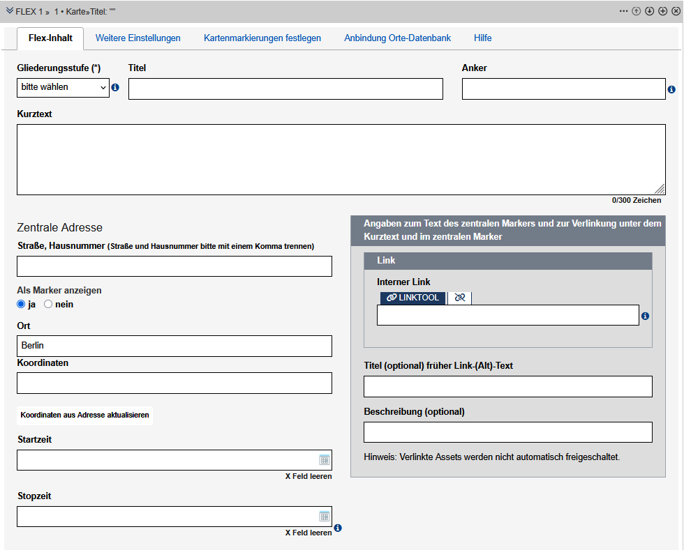 Flex-Modul Karte im Edit - Reiter "Flex-Inhalt", Felder werden im Text beschrieben