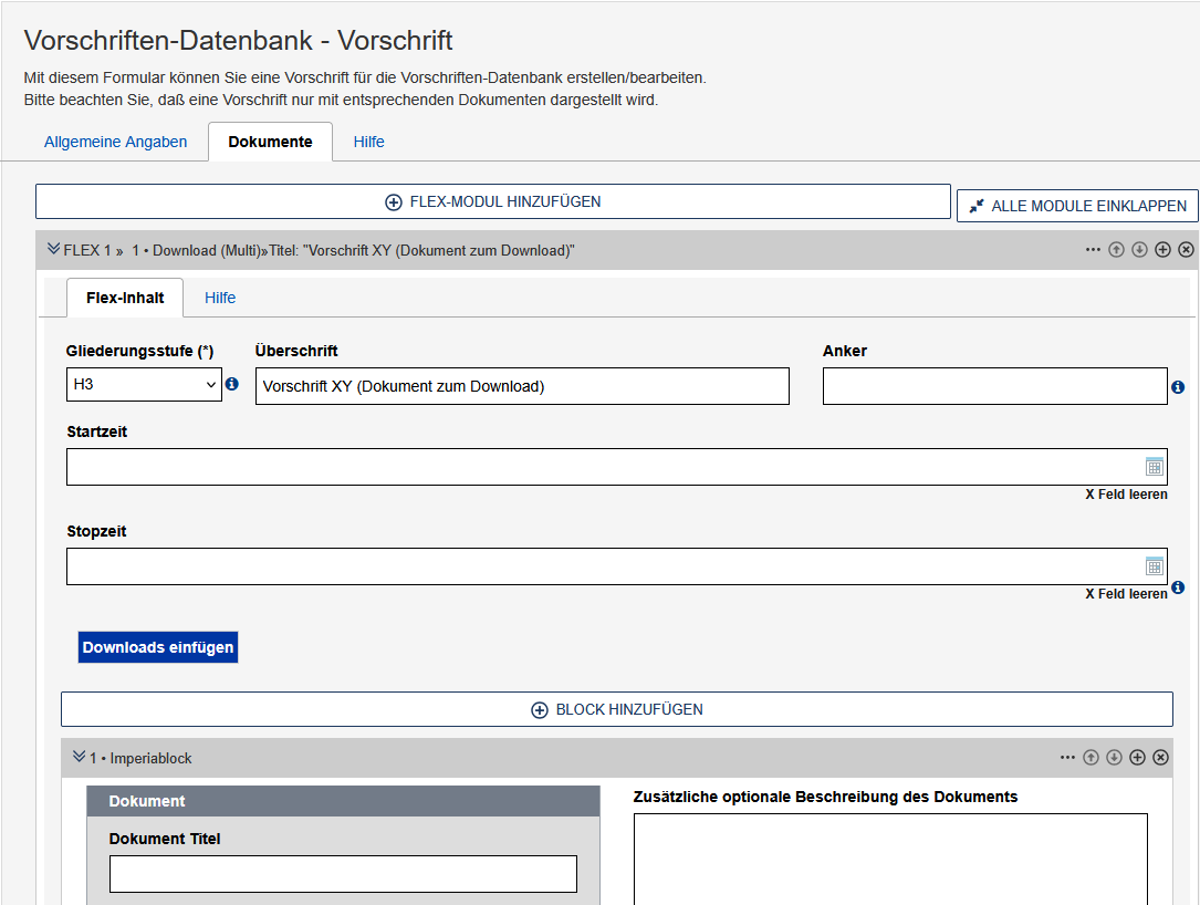 Bearbeitungsansicht des Download-Moduls für die Vorschriften