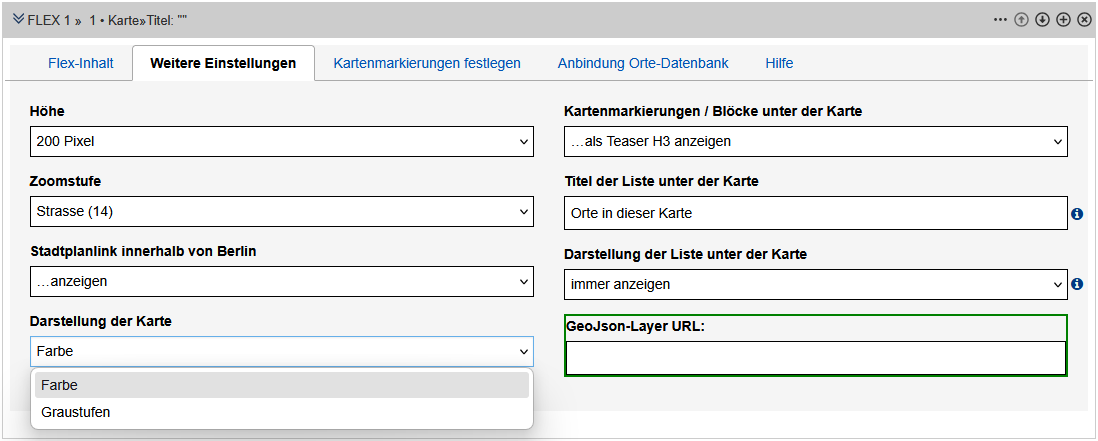 Flex-Modul Karte im Edit - Reiter "Weitere Einstellungen", Felder werden im Text beschrieben