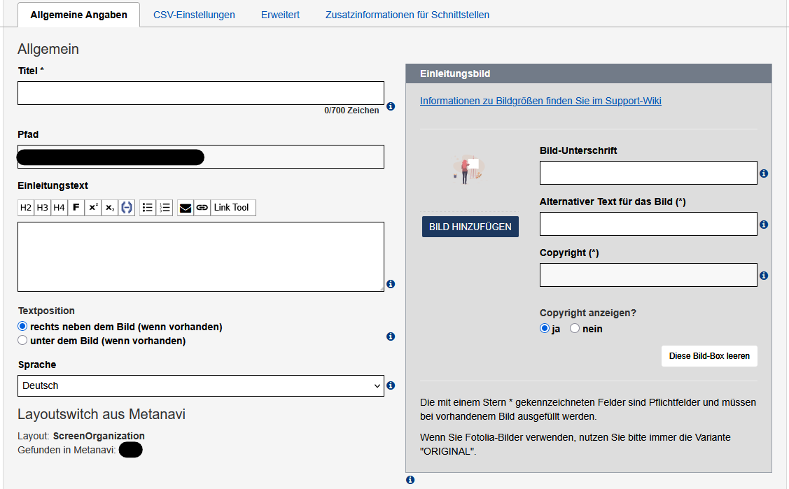Bearbeitungsansicht des Reiters "Allgemeine Angaben" mit den im Text beschriebenen Feldern