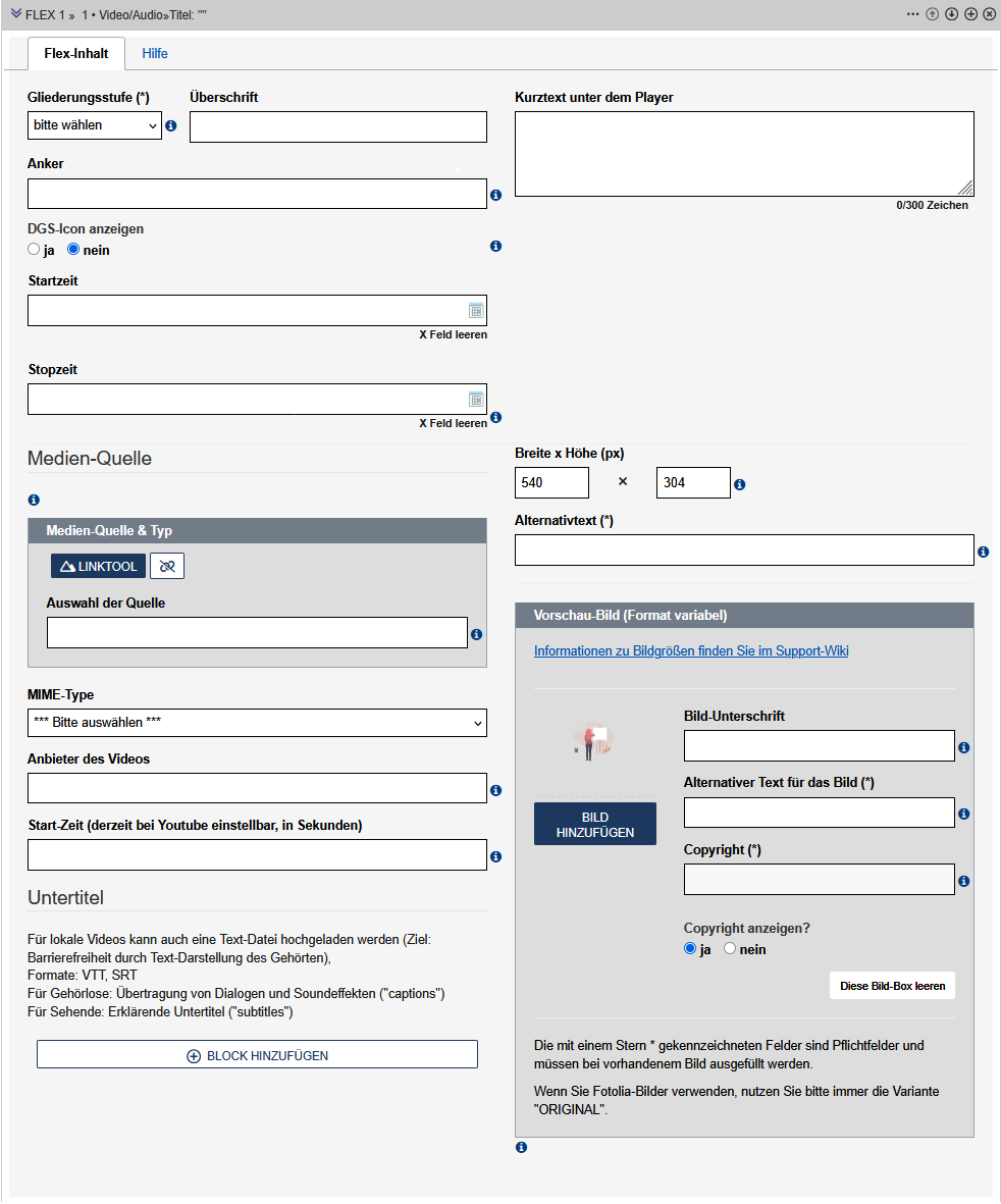 Ansicht des Formulars zum einfügen eines Videos oder Audios. Die Formularfelder sind im Text beschrieben.