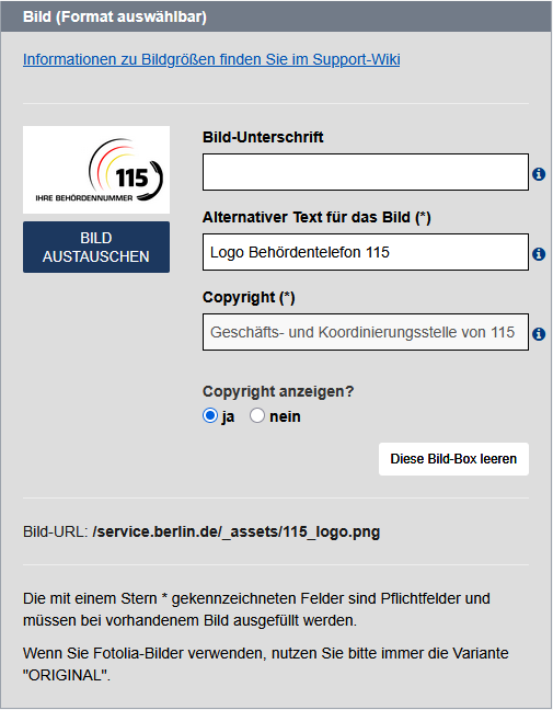 Bild-Box mit einem Link zur Wiki-Seite mit den Bildgrößen als Erstes, darunter das eingefügte Bild und der Button "Bild hinzufügen", rechts daneben befinden sich die Felder "Bildunterschrift", "Alternativer Text für das Bild" ausgefüllt und "Copyright" ausgefüllt sowie die Auswahl zur Anzeige des Copyrights, rechts unten ist ein weiterer Button "Diese Bild-Box leeren", darunter sieht man die Bild-URL sowie Hinweise zu Pflichtfeldern und der Nutzung von Fotolia-Bildern.