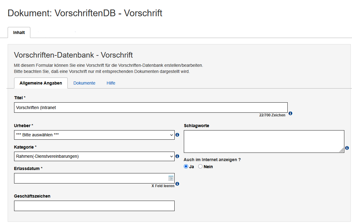 Ansicht des Formulars im Reiter "Allgemeine Angaben". Die Felder sind im Text erklärt.