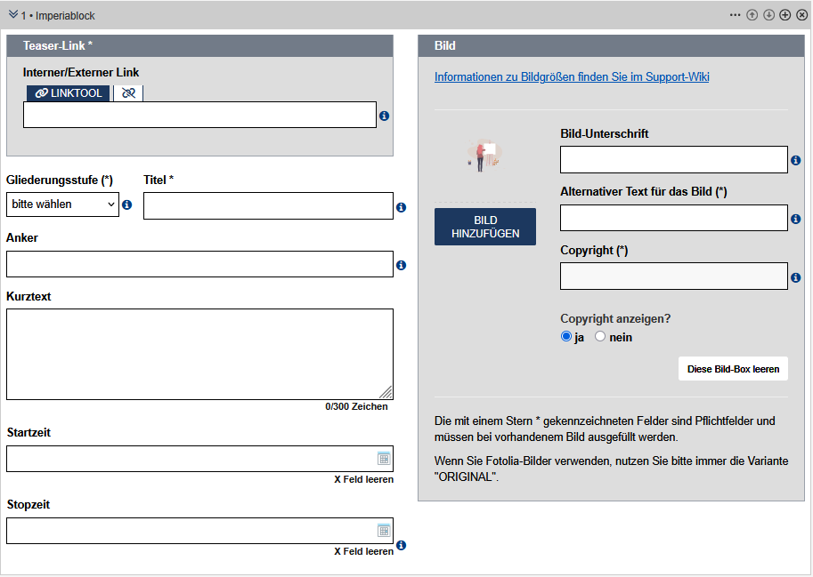 Einrichtung Einzelteaser im Modul Teaser-Multi. Formularfelder sind im Text dokumentiert.