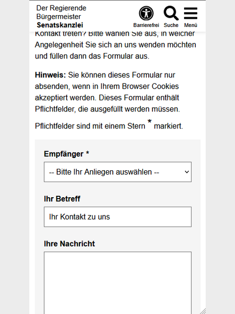 Mobile Ansicht eines Kontaktformulars mit Einleitungstext und Hinweisen, einem Auswahlfeld für den Empfänger nach Anliegen, einem einzeiligen Textfeld für den Betreff und darunter sieht man noch den Anfang eines Textfeldes für die Nachricht.