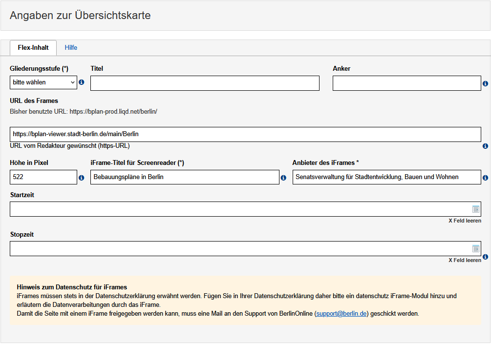 Ansicht des Formulars zum Einbau der Übersichtskarte, Felder sind im Text beschrieben.