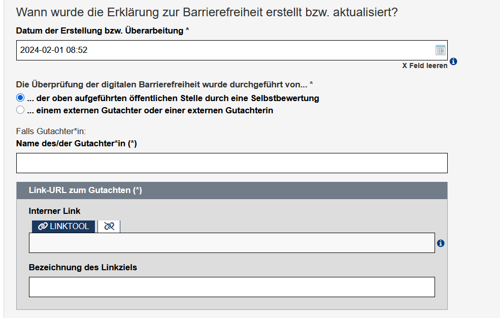 Barrierefreiheitserklärung - Reiter "Allgemeine Angaben" mit der Eingabe des Datums der letzten Aktualisierung, der Auswahl, wer die Barrierefreiheit geprüft hat und ggf. Hinterlegung eines Gutachtens