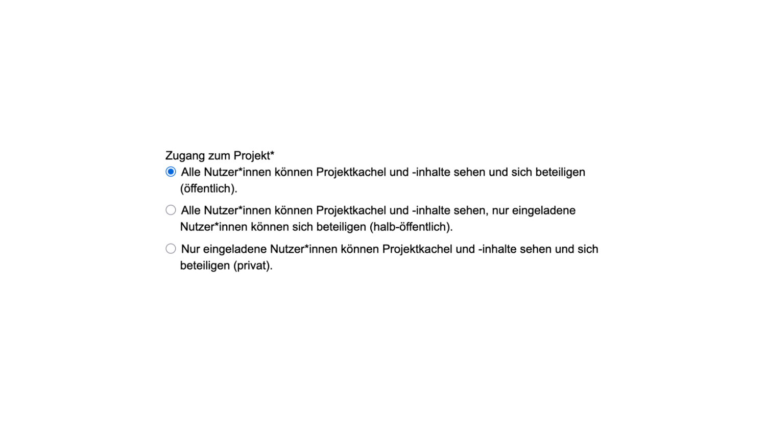 Ansicht der Zugangsberechtigungsauswahl für ein Projekt