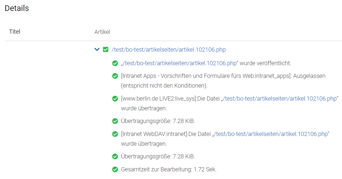 Es werden die verschiedenen Ressourcen und Live-Systeme zur Veröffentlichung angezeigt. Alle haben einen grünen Haken davor.