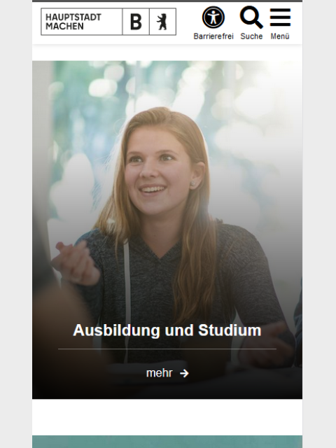 Beispiel der mobilen Ansicht des Teaser Poster-Moduls im Vertical Marketing. Das Bild nimmt die gesamte Breite ein. Im unteren Teil des Bildes liegen die Überschrift, ein Trennstrich und das Wort „mehr“ mit einem Pfeil nach rechts in weißer Schriftfarbe über dem dort etwas abgedunkelten Bild.