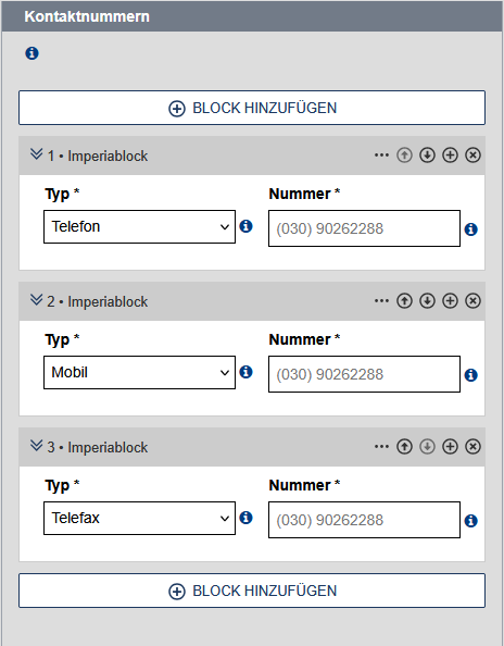 Kontaktnummern des Typs "Telefon", "Mobil" und "Telefax" können eingegeben werden. Im Bild sind drei Blöcke vorhanden, so dass für jede Art der Nummer ein Feld vorhanden ist.