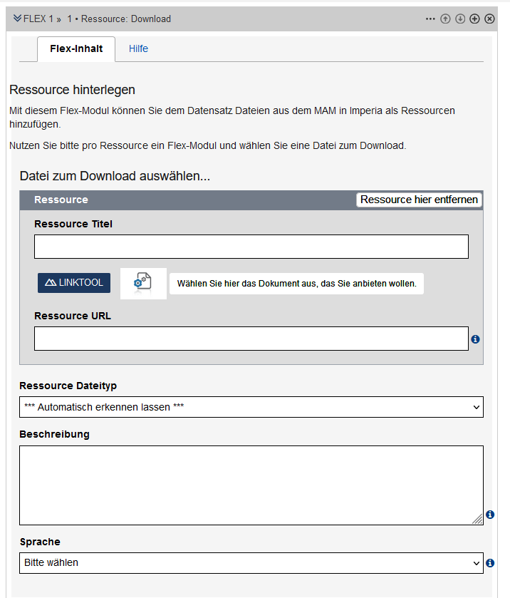Nach einem kurzen Einleitungstext für Redakteur*innen folgen die im Text beschriebenen Felder zum Flex-Modul "Ressource: Download"