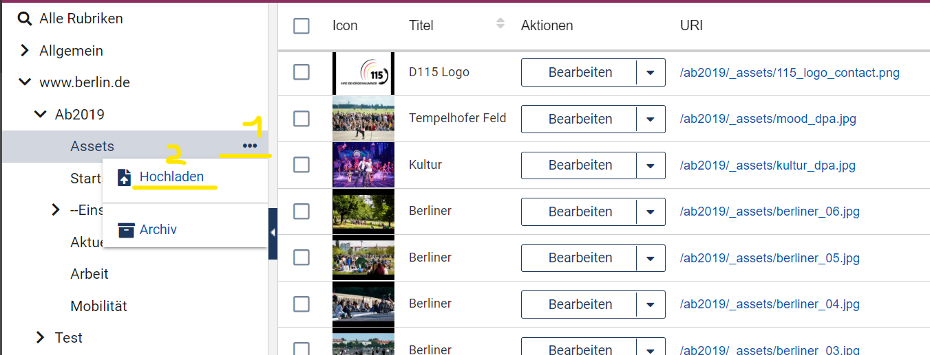 Medien hochladen über das Drei-Punkte-Menü