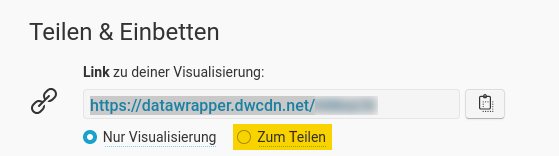 In der Anzeige "Teilen und Einbetten" bei Datawrapper aktivieren Sie die Option "zum Teilen", um den Link für das Flex-Modul zu erhalten.
