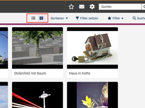 Ausschnitt aus dem vorigen Bild, in dem die Icons für die Listen- und Kachelansicht deutlicher zu sehen sind.