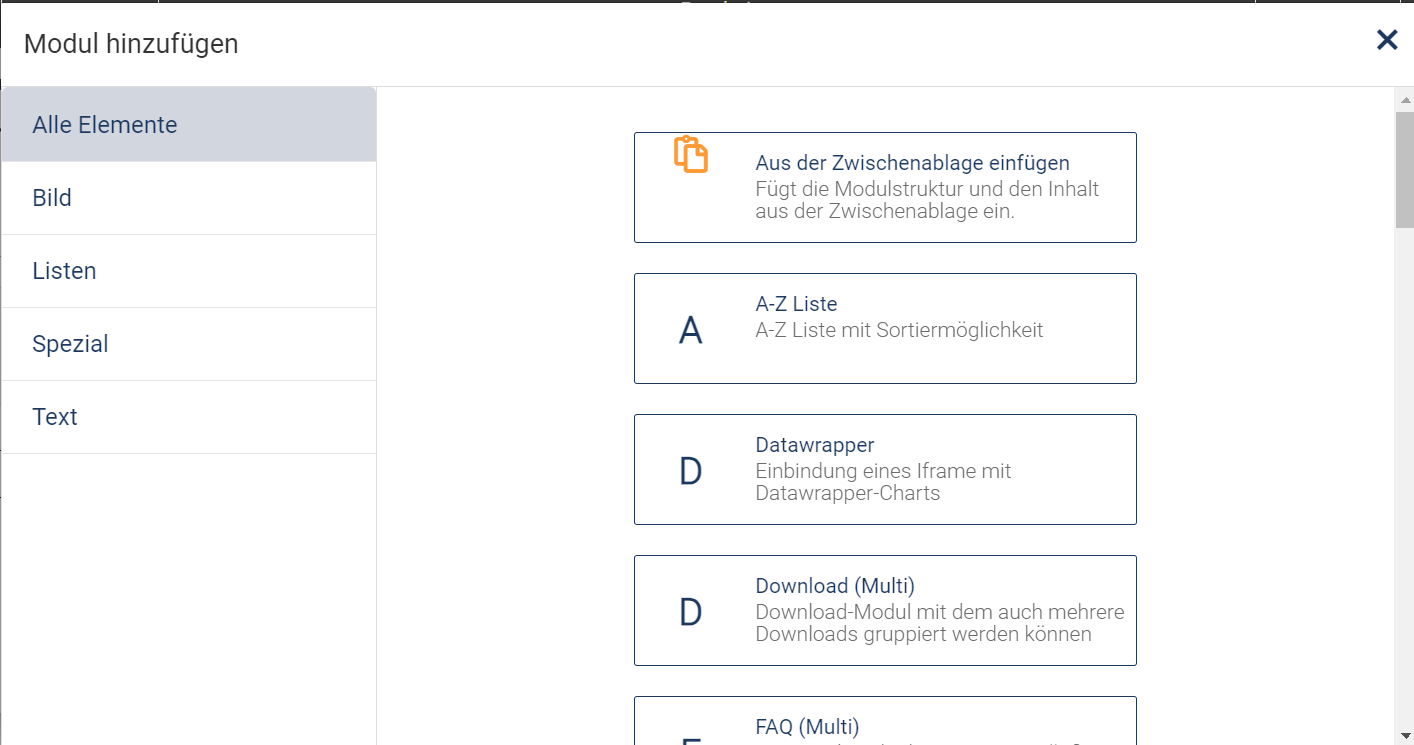 Zu sehen ist eine Liste von Flex-Modulen, die man für das aktuelle Dokument nutzen kann.