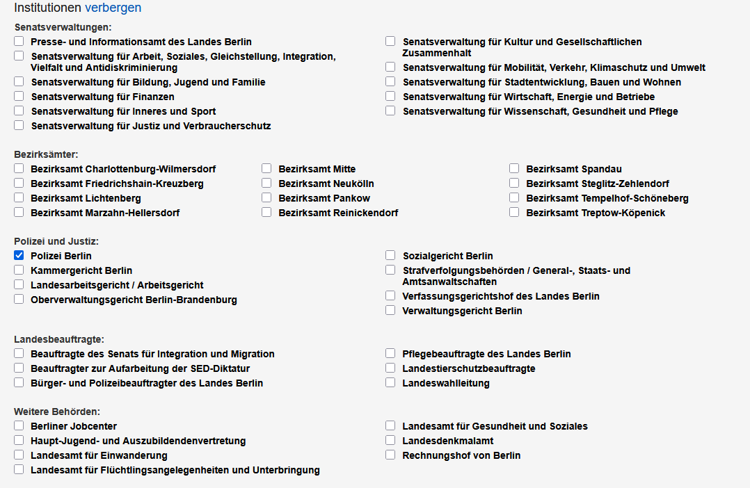 Auswahl der Institutionen für den Presse-Auto-Teaser, hier ist die Institution "Polizei Berlin" vorausgewählt.