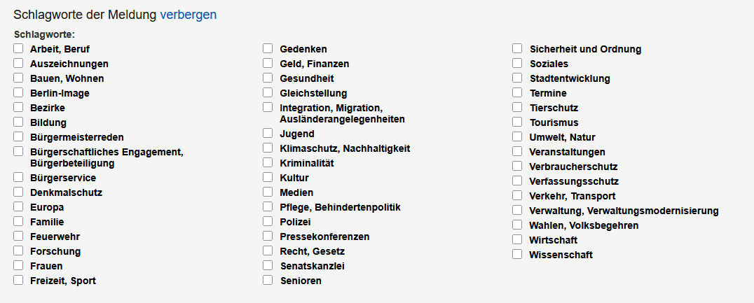 Auswahl der Schlagworte für die Pressemitteilung, die Schlagworte finden Sie im Text.