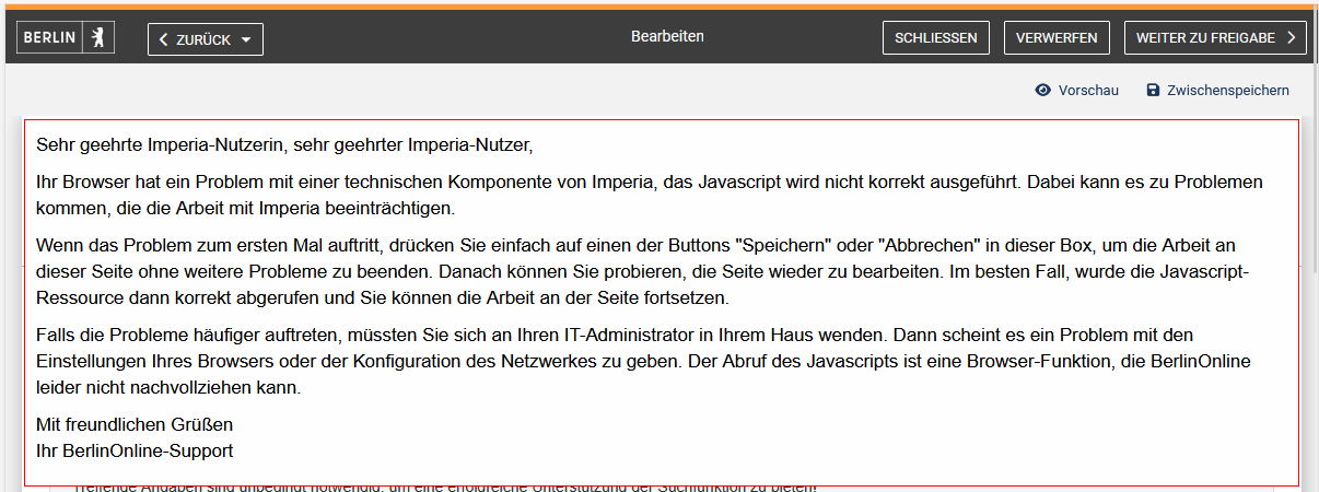 Javascript-Fehlermeldung mit der Information, dass Javascript nicht korrekt ausgeführt wurde und Handlungshinweisen dazu.
