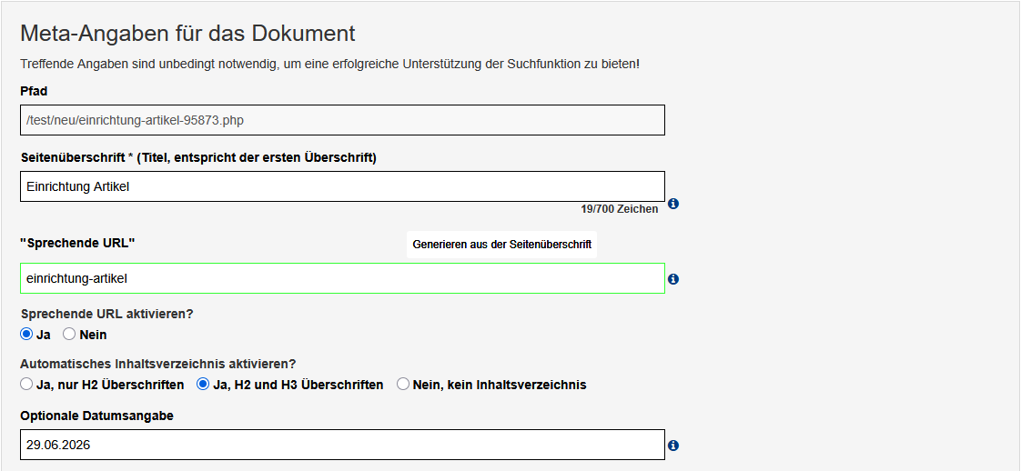 Meta-Angaben im Artikel mit den speziellen Feldern für eine sprechende URL, den Optinen für das Inhaltsverzeichnis und der optionalen Datumsangabe