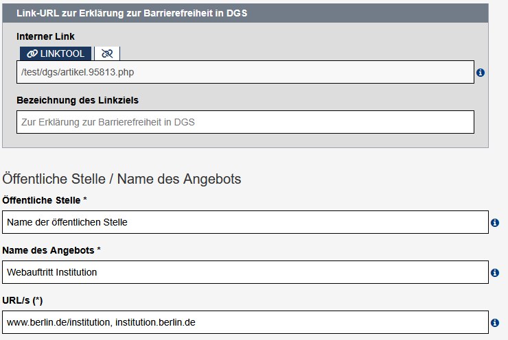 Barrierefreiheitserklärung - Reiter "Allgemeine Angaben" mit der Option, einen Link zur Erklärung zur Barrierefreiheit in deutscher Gebärdensprache zu hinterlegen, Felder für die öffentliche Stelle und den Geltungsbereich