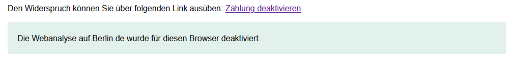 Hinweistext: "Die Webanalyse auf Berlin.de wurde für diesen Browser deaktiviert"
