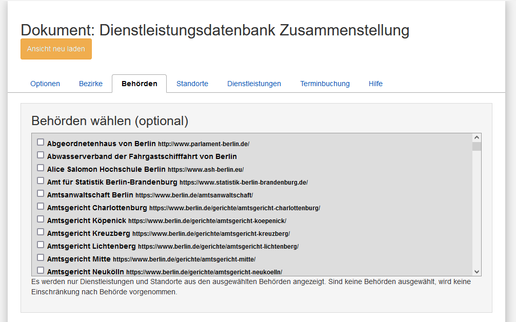 Dritter Reiter zur Wahl der Behörde bei der Bearbeitung der Dienstleistungsdatenbank Zusammenstellung, es werden wählbare Behörden mit einer Checkbox davor und einer URL dahinter angezeigt
