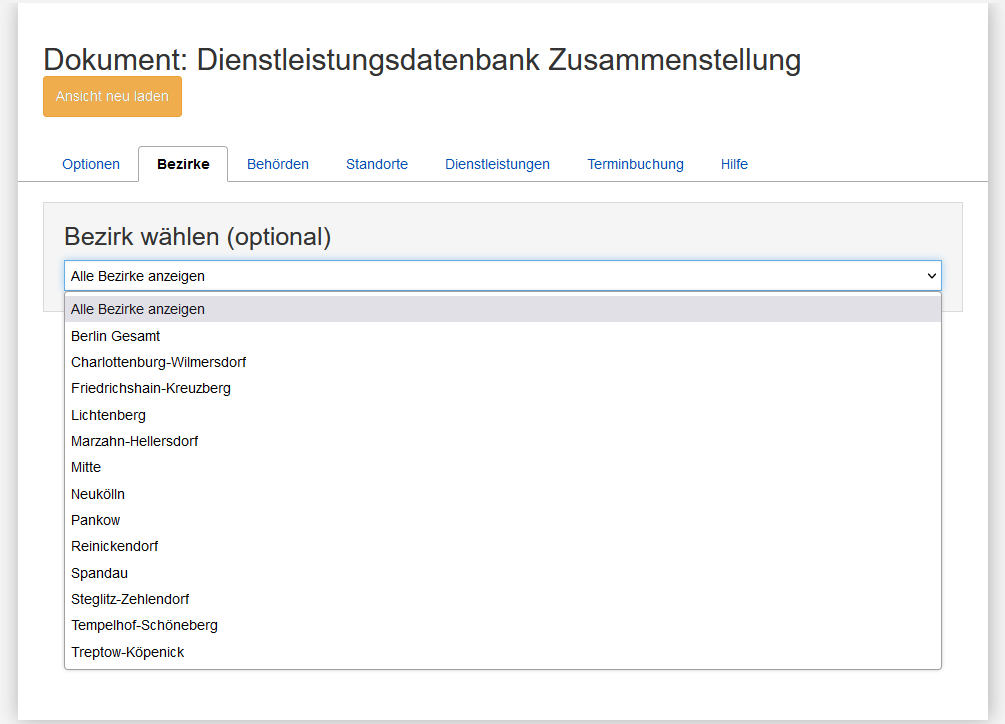 Zweiter Reiter zur Wahl eines Bezirks bei der Bearbeitung der Dienstleistungsdatenbank Zusammenstellung, es ist eine Selectbox mit allen Berliner Bezirken, "Berlin Gesamt" und "Alle Bezirke anzeigen" sichtbar