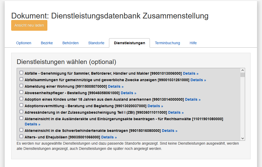 Fünfter Reiter zur Dienstleistungswahl bei der Bearbeitung der Dienstleistungsdatenbank Zusammenstellung, es werden wählbare Dienstleistungen mit einer Checkbox davor und einem Details-Link dahinter angezeigt