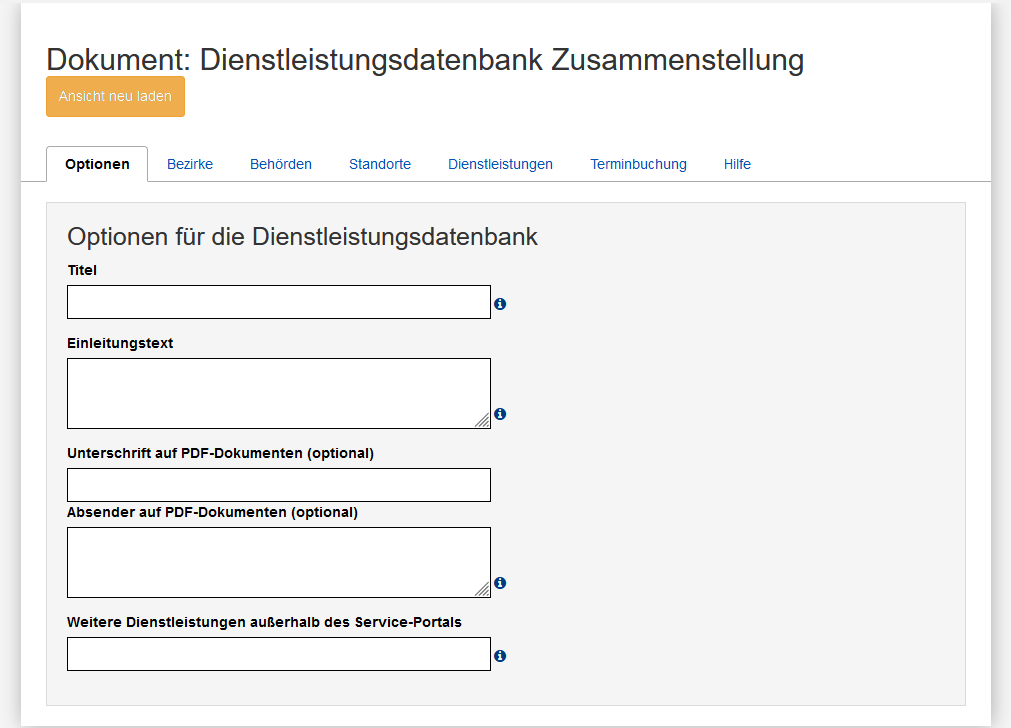 Erster Reiter "Optionen" bei der Bearbeitung der Dienstleistungsdatenbank Zusammenstellung, es werden die im Text beschriebenen Felder angezeigt