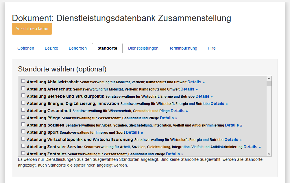 Vierter Reiter zur Standortwahl bei der Bearbeitung der Dienstleistungsdatenbank Zusammenstellung, es werden wählbare Standorte mit einer Checkbox davor und einem Details-Link dahinter angezeigt