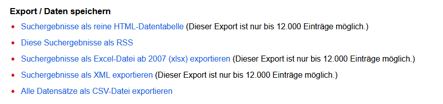 Standardexporte der SimpleSearch bei einer Menge an Ergebnissen, die unter 12.000 liegt.