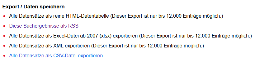 Standardexporte der "SimpleSearch" mit mehr als 12.000 Suchergebnissen.