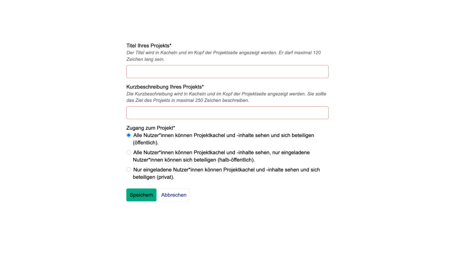Seite um das Projekt anzulegen