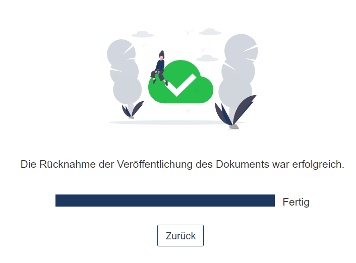 Erfolgsmeldung mit einem grünen Haken als Bild und einem Fortschrittsbalken auf 100%, darunter ein Zurück-Button