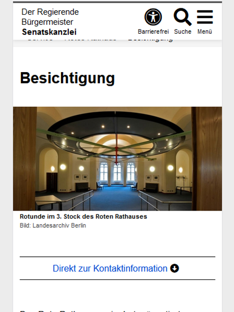 Hier wird mit Bild aus dem Gebäude über Besichtigungen im Roten Rathaus informiert. 