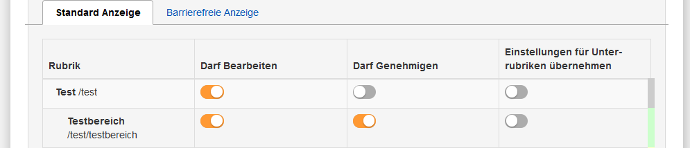 Standardanzeige der Rechte, mit Schiebereglern können die Rechte für "Darf Bearbeiten" und "Darf Genehmigen" vergeben werden. Der dritte Regler übernimmt die Einstellungen der aktuellen Zeile auf alle Unterrubriken. Rechts werden die aktuellen Einstellungen per Farbe verdeutlicht, grau darf nur bearbeiten, grün darf bearbeiten und genehmigen.