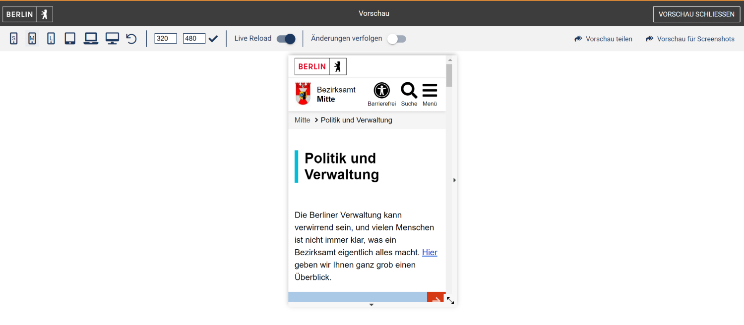 Vorschau der aktuell bearbeiteten Seite in der mobilen Ansicht mit der Steuerungsleiste für die Vorschau. Buttons der Steuerungsleiste werden weiter unten im Text erklärt.