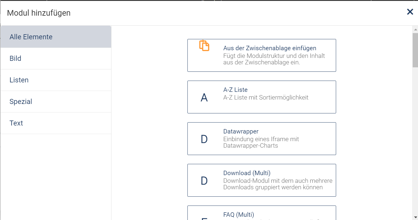 Zu sehen ist eine Liste von Flex-Modulen, die man für das aktuelle Dokument nutzen kann. 