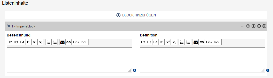 Inhalt in der "Zweispaltigen Liste" - nicht ausgefüllt - alle Felder sind untenstehend beschrieben